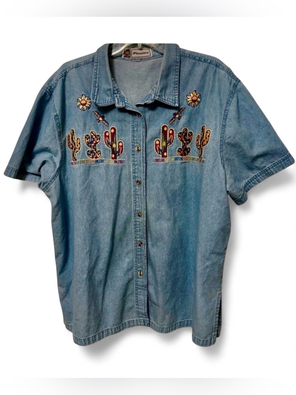 Vintage Denim Button Down Cactus Embroidered Shirt - Women’s XL